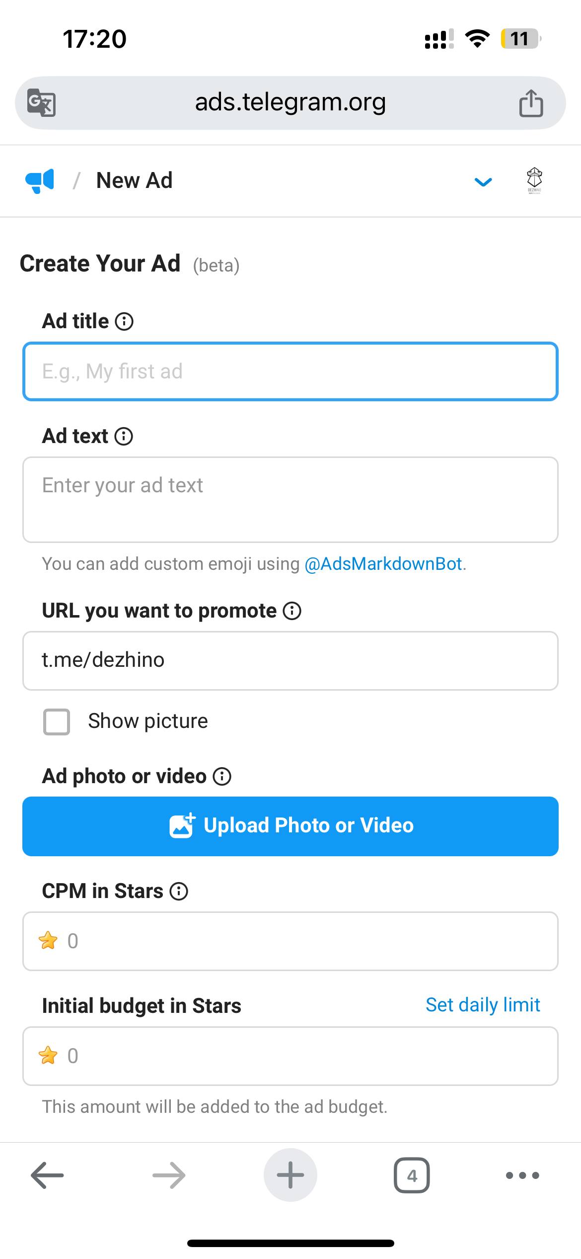 تنظیمات بودجه‌بندی بر اساس ستاره در تلگرام ادز